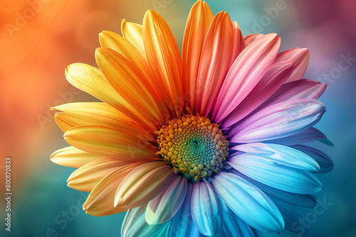 Vibrant multicolored daisy flower with a bright green center and rainbow petals