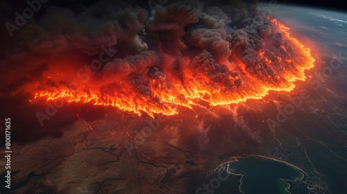 Fiery Blaze Engulfs Land as Seen from Orbit: Intense Wildfire Consumes Earth's Surface, Awe-Inspiring Power of Nature on Display photo