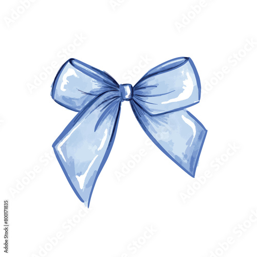 A hand illustrated bow in blue with a digital watercolour colouring. Against a transparent background.