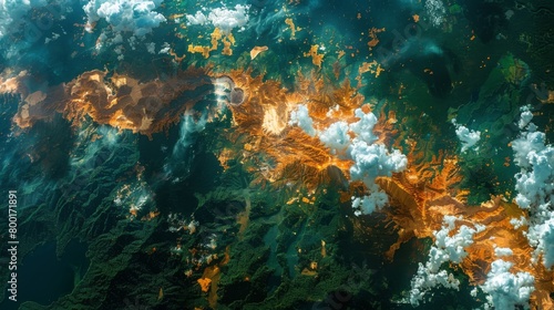 Overhead View of a Misty Rainforest Interspersed with Fluvial Gold, Concept of Nature's Complexity and River Systems photo