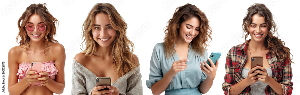 Set of happy young women using cell phones, cut out Set of happy young women using cell phones, cut out