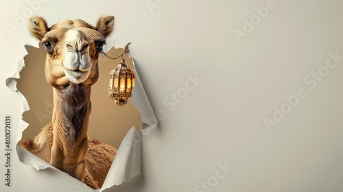 Photo of a camel coming out of a torn paper wall with holes, The theme of the Islamic holiday of Eid al-Adha is sacrifice. with copy space on a white wall. photo