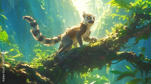 Lemur playing and frolicking in the treetops of Madagascar's dense forests photo