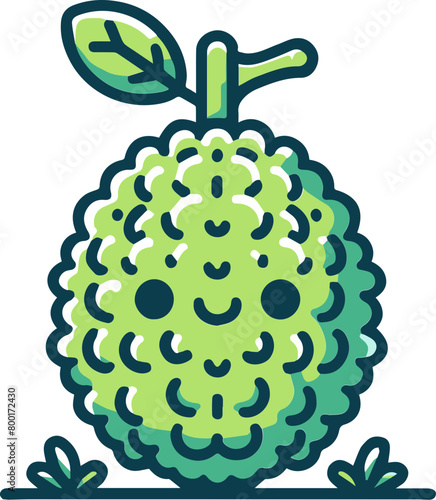 A cartoon illustration of a jackfruit. It has a green bumpy exterior and a smiling face.