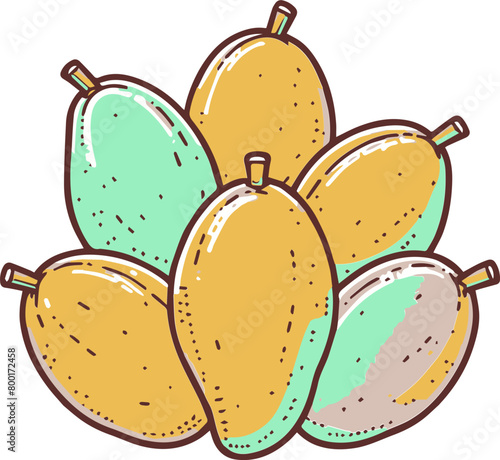 A cartoon image of a cluster of ripe yellow and green mangoes.