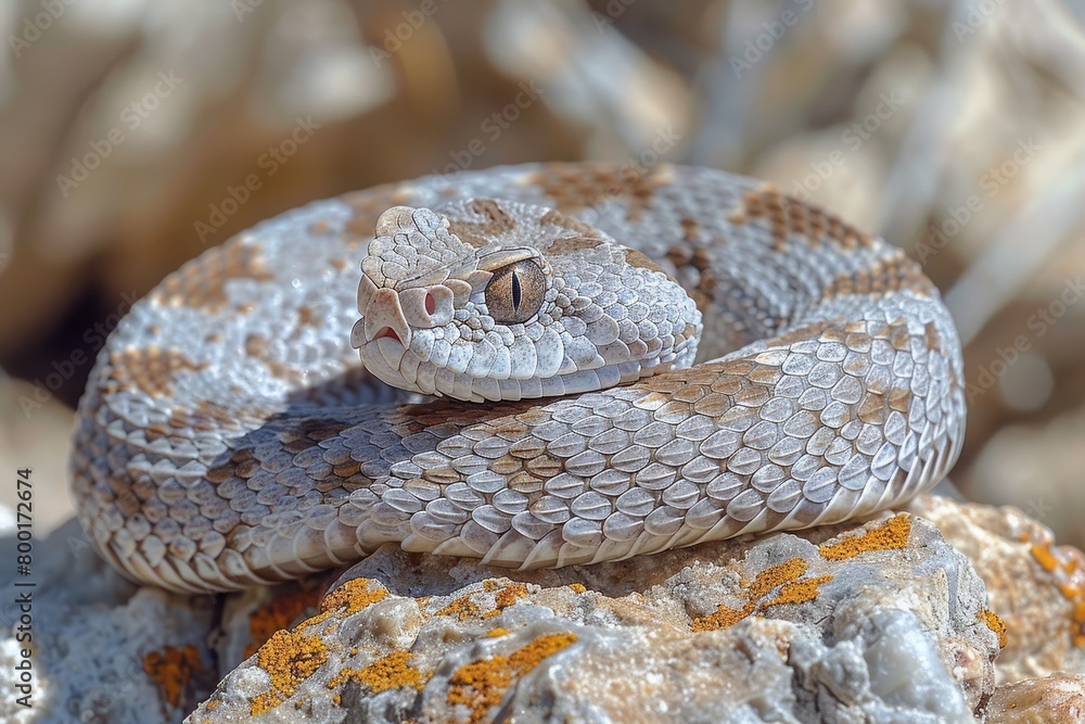 Fototapeta premium Western Diamondback Rattlesnake: Coiled in a defensive posture, rattling its tail, emphasizing danger. 