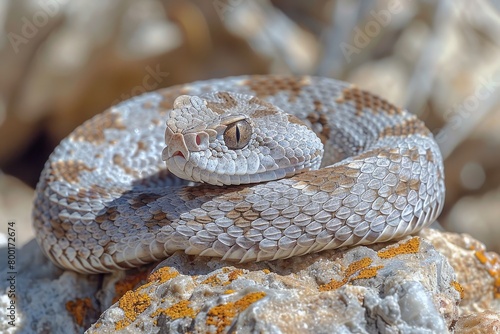 Western Diamondback Rattlesnake: Coiled in a defensive posture, rattling its tail, emphasizing danger. 