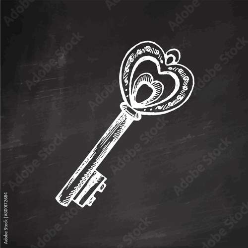 Hand-drawn vintage decorative keys sketches with intricate forging. Ink and pen drawing illustration, keys on chalkboard background.