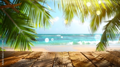 Tropical Beach View from Wooden Deck. Serene Summer Seascape with Palm Leaves. Relaxing Holiday Destination Perfect for Backgrounds. AI