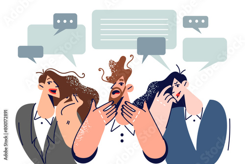 Surprised people feel joy or panic having heard new gossip standing near dialogue clouds