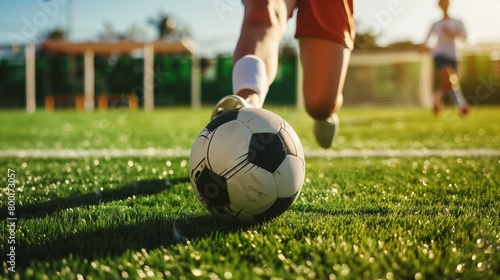 Woman play with soccer ball on green soccer field, soccer player kicking ball on field, summer human foot success sports training team sport
