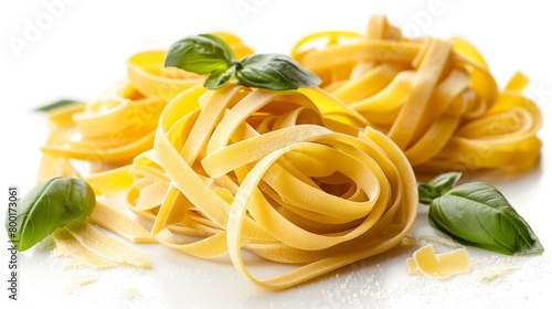 Top view bunch of tagliatelle italian pasta, heap herb dry linguini culture photo