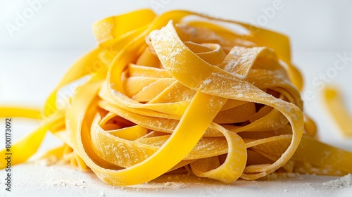 Tagliatelle italian pasta over white background, pile of pasta, rolled up culture lunch vegetarian food table