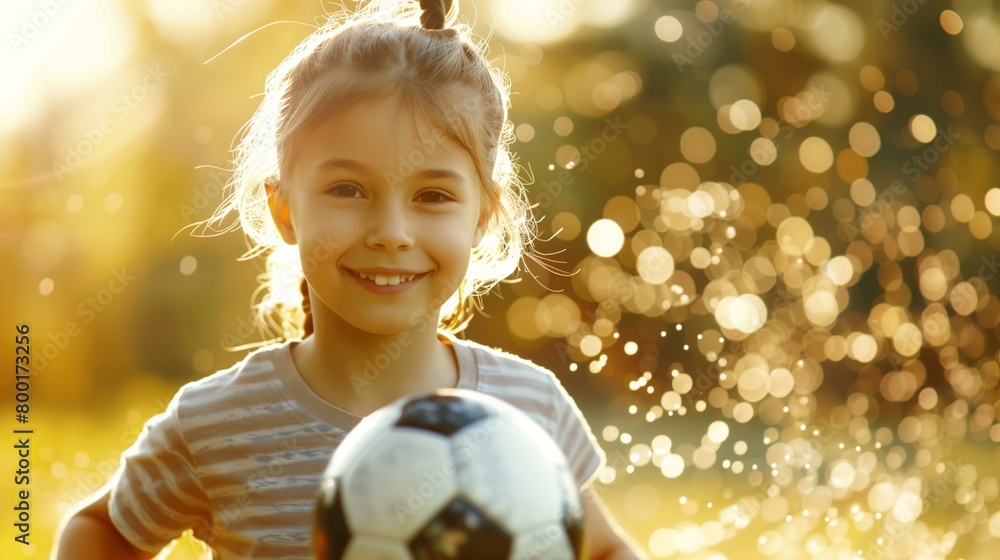 Naklejka premium Girl with soccer ball on green field, little girl playing with soccer ball on sunny, small lifestyle joy playful leisure activity