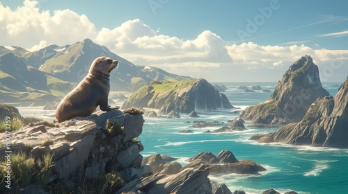 Seal sunbathing on a rocky outcrop along the coast of New Zealand photo
