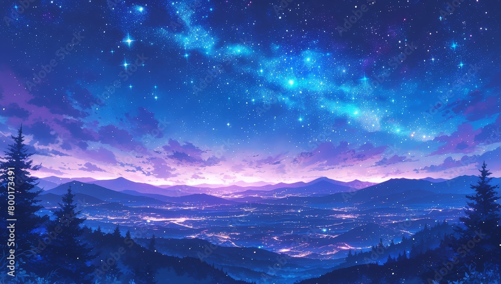 Starry sky, aurora borealis, purple and blue colors, forest landscape