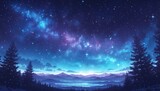 Starry sky, aurora borealis, forest landscape in the style of purple and blue colors, night background, starry sky with northern lights