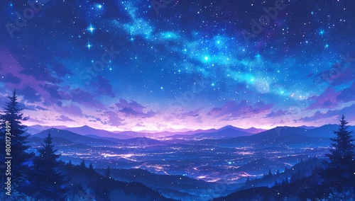 Starry sky, aurora borealis, purple and blue colors, forest landscape