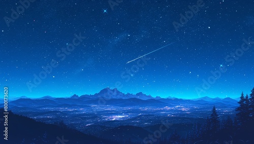 Starry sky, distant mountains, blue tones
