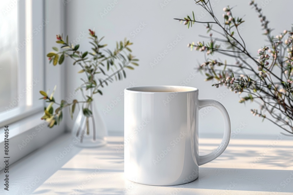 White Blank Mug Mockup in Photographic Scene created with Generative AI White Blank Mug Mockup in Photographic Scene created with Generative AI