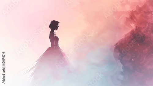 Minimalist design featuring the silhouette of an elegant quinceañera dress, set against a soft pastel abstract background