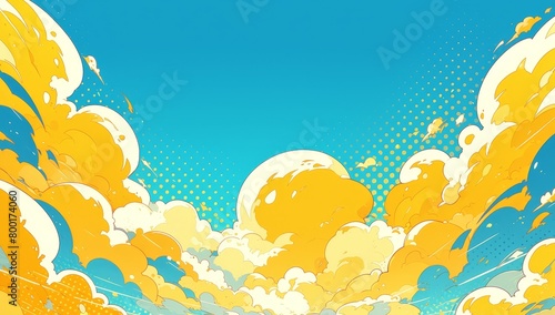 The background is a yellow and blue comic book style with white dots, with large empty space in the center for text or graphic elements. 