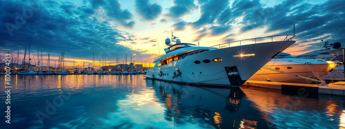 yacht in marina at dusk. Luminous sky peaceful surroundings. Yachting magazine cover, Travel brochure, Website illustration