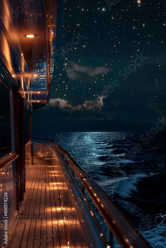 Yacht's deck at night. Dimly lit stars above quiet sea. Cruise advertisement, Yacht tour promotion, Tourism banner