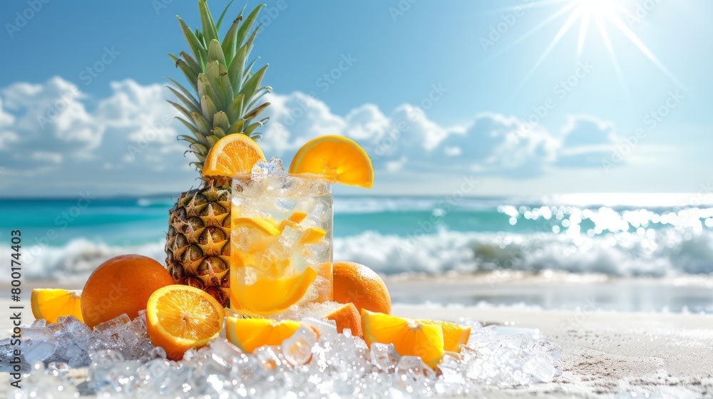 Refreshing summer drink on the beach with pineapple and orange slices.