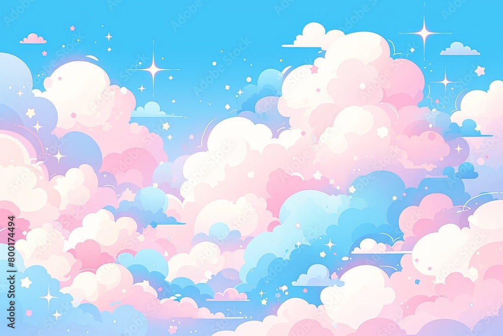 Cute pastel background with pink, blue and white clouds and stars. 