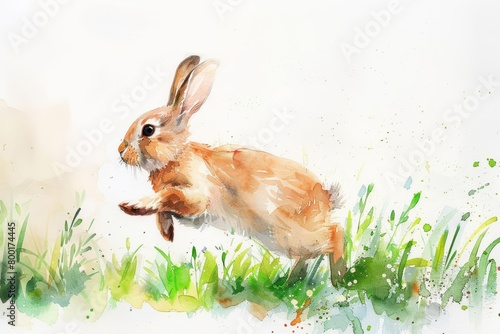A bunny hops through a green meadow, watercolor painting on a white background
