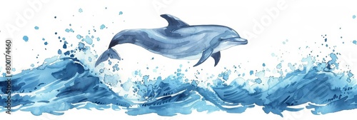 A watercolor painting of a dolphin jumping out of the water. The dolphin is blue and white, and the water is a light blue. The painting has a loose, fluid style.