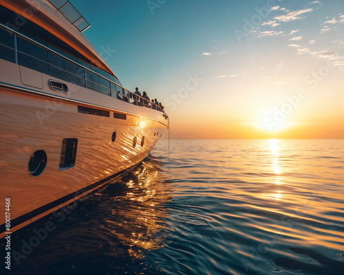 Yacht's bow at sunset. Crew members lounging clear sky. Cruise advertisement, Yacht tour promotion, Tourism banner © Nina