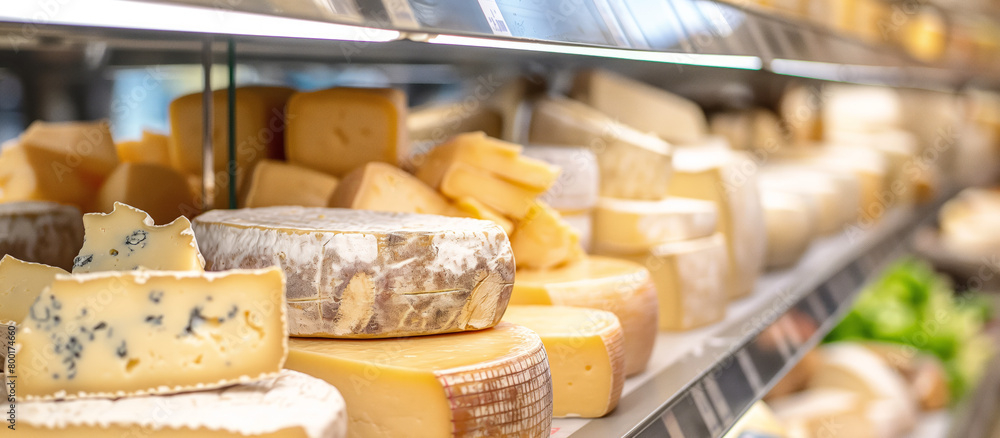 An inviting selection of cheese awaits customers, showcased in a modern refrigerated display, signaling freshness An inviting selection of cheese awaits customers, showcased in a modern refrigerated display, signaling freshness