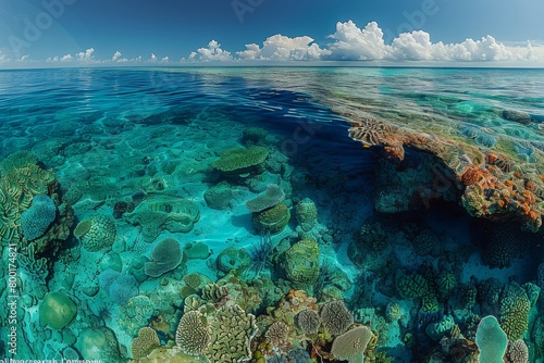 Vibrant Coral Reef Seascape Under Clear Skies: Aerial View of Marine Biodiversity - Concept of Ecology, Marine Life, and Natural Beauty photo