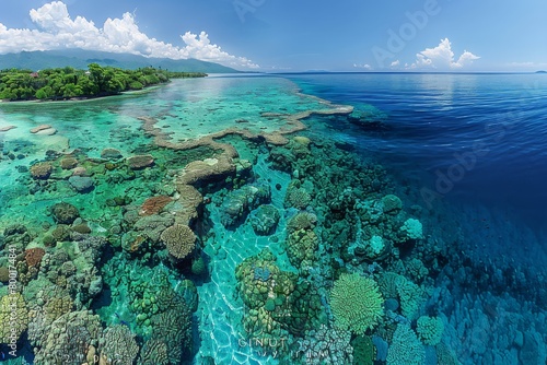 Expansive Tropical Coral Reef Meeting Lush Greenery on a Sunny Day - Concept of Ecosystem Interconnection, Coastal Biodiversity, and Environmental Preservation photo