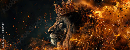 loin with crown , fiery effect dark empty panorama wide empty space background 