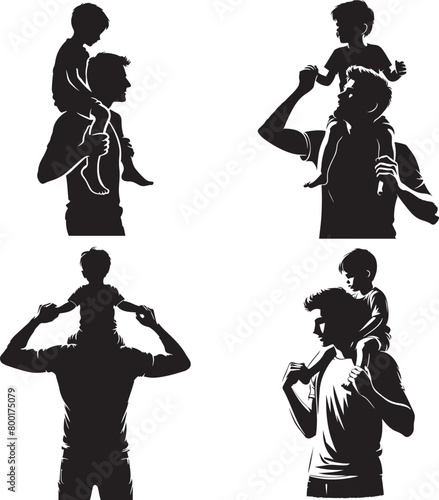 Father holding his child on his shoulders silhouette set. Happy father day Symbol. Vector illustration of daddy and child. Father with his son on white background.