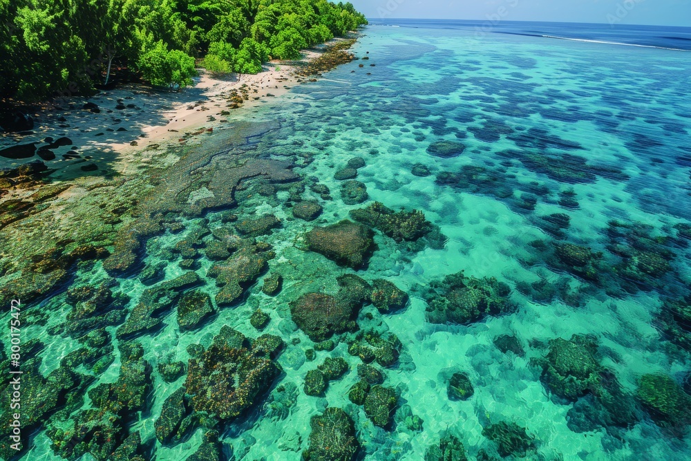Vivid Aerial Landscape of Coral Reefs Along the Shoreline, Concept of Biodiversity and Coastal Ecosystem Preservation