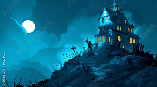 A haunted house on a hill at night. The moon is full and there are bats flying around. The house is dark and there is a tree with no leaves in the front yard.