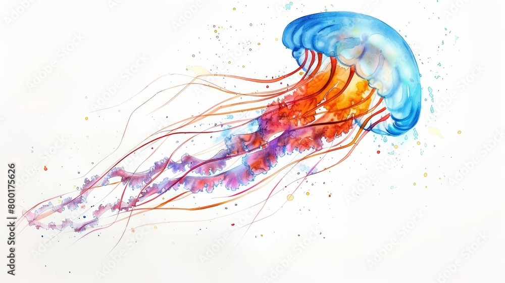 A watercolor painting of a jellyfish with a blue cap and orange and purple tentacles.