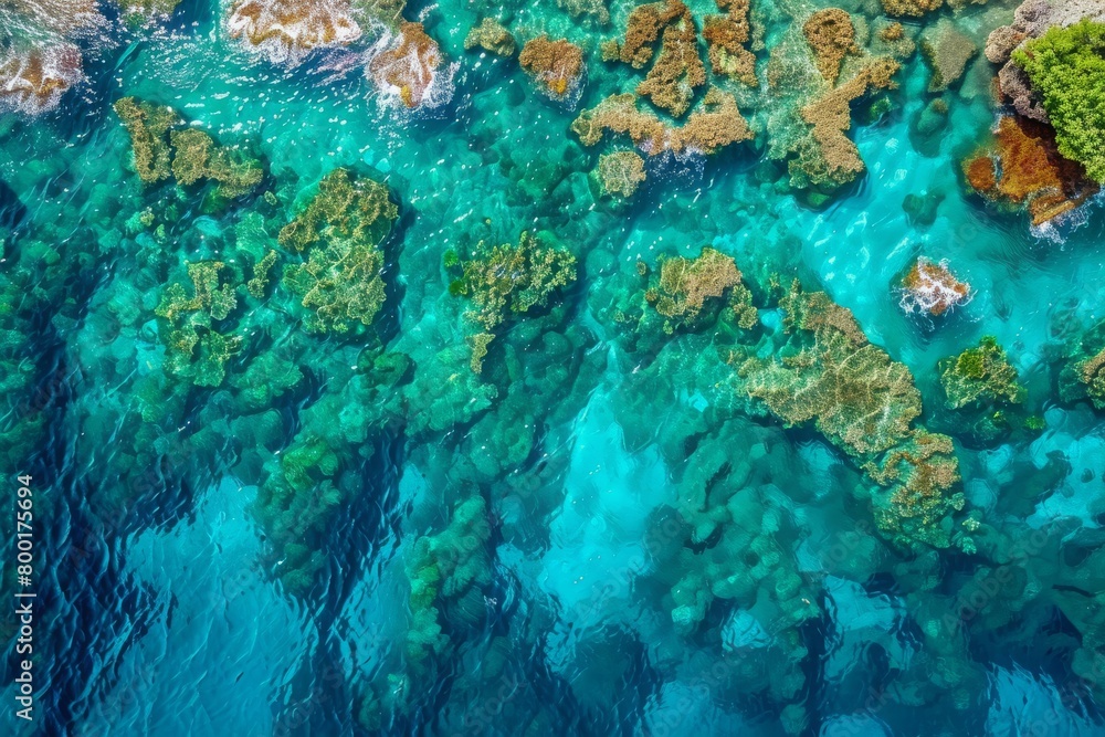 Naklejka premium Overhead View of Lush Coral Formations Amidst Crystal Clear Waters, Concept of Underwater Biodiversity and Coral Sanctuaries