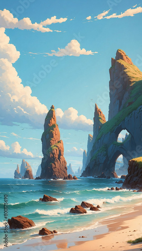 Minimalistic flat craggy coastline with sea stacks and arches.