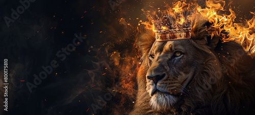 loin with crown   fiery effect dark empty panorama wide empty space background  