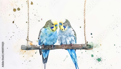 A pair of parakeets chirp on a swing, watercolor painting on a white background