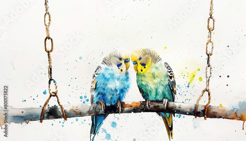 A pair of parakeets chirp on a swing, watercolor painting on a white background photo