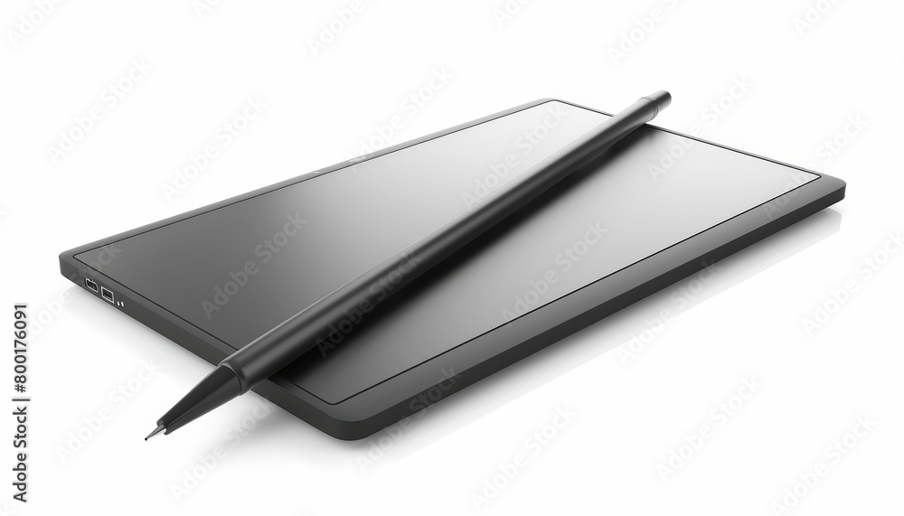 A digital tablet with a stylus on a white background. A digital tablet with a stylus on a white background.