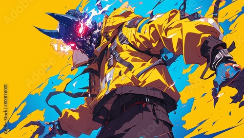 Anime character with a demon mask on his face wearing a yellow jacket and black pants in a dynamic pose with a red eye and glitch effect coming out from it, on a yellow colored background photo