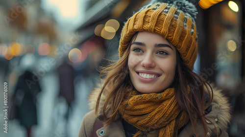 Smiling Woman in Winter Attire on a Snowy City Street at Dusk