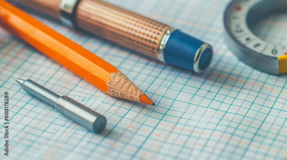 A pencil and a pen on a piece of graph paper. A pencil and a pen on a piece of graph paper.